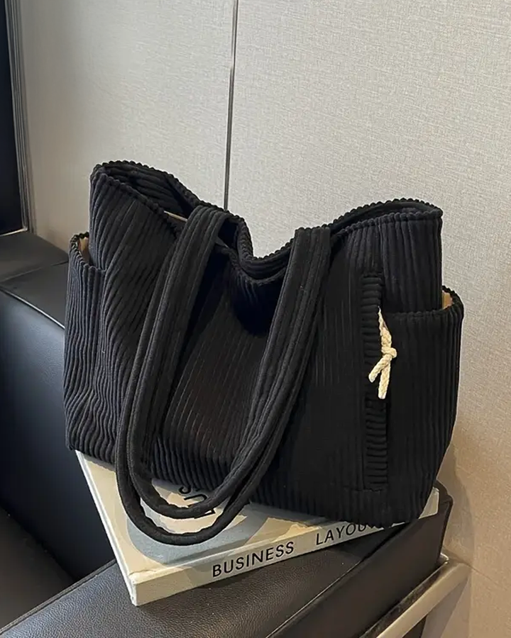 Tina | Ribbed Tote Bag With Drawstring Detail