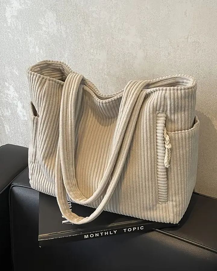 Tina | Ribbed Tote Bag With Drawstring Detail