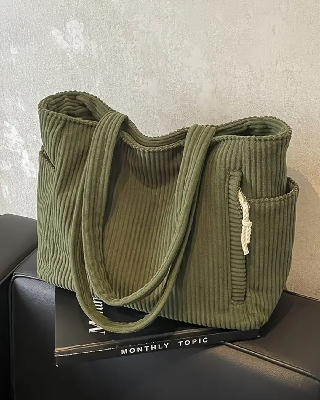 Tina | Ribbed Tote Bag With Drawstring Detail