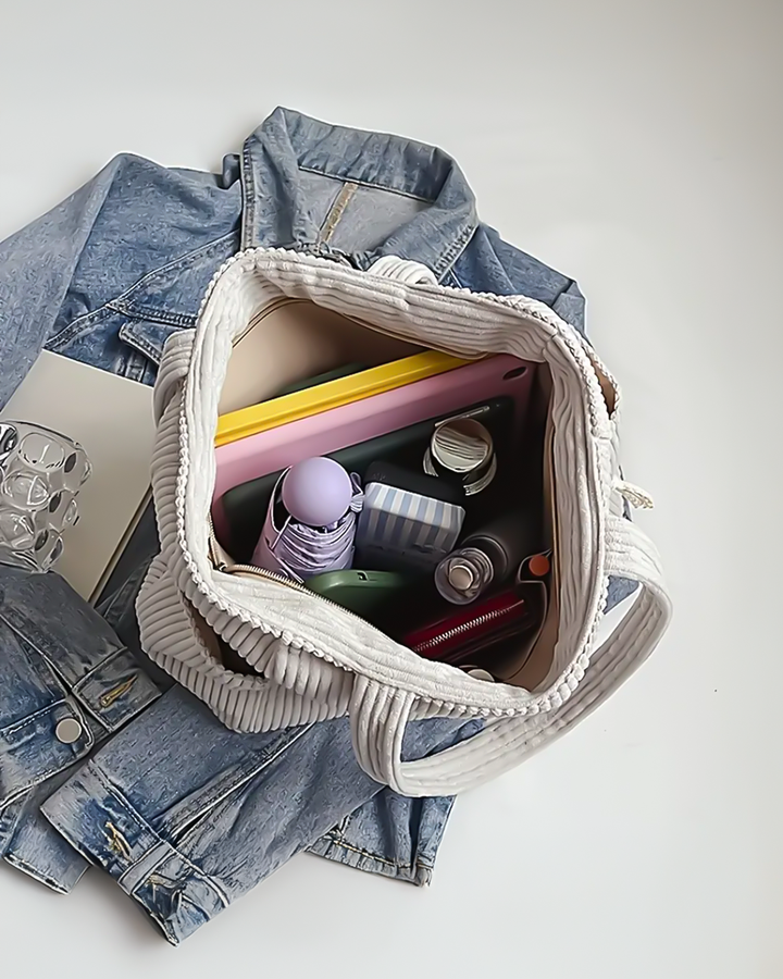 Tina | Ribbed Tote Bag With Drawstring Detail