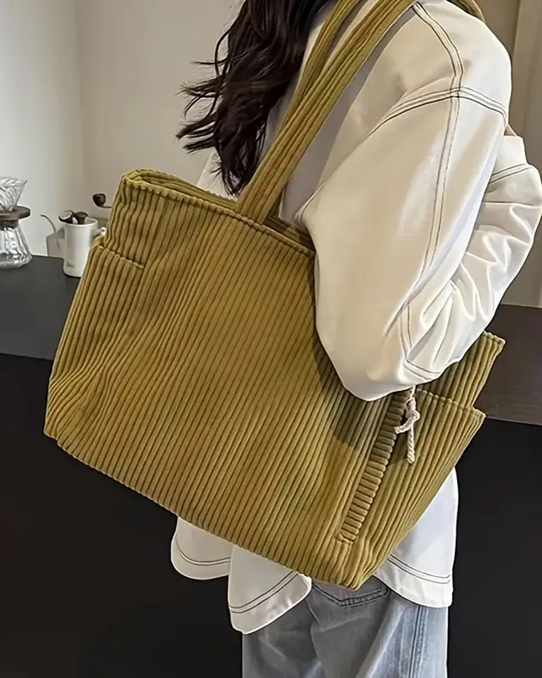 Tina | Ribbed Tote Bag With Drawstring Detail