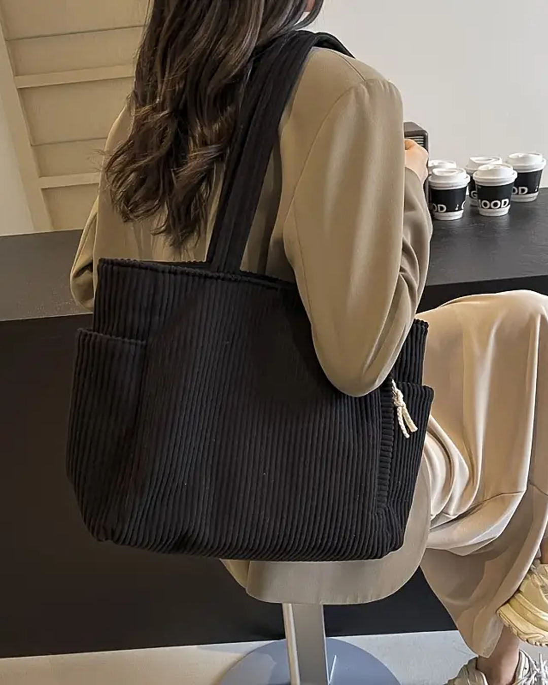 Tina | Ribbed Tote Bag With Drawstring Detail