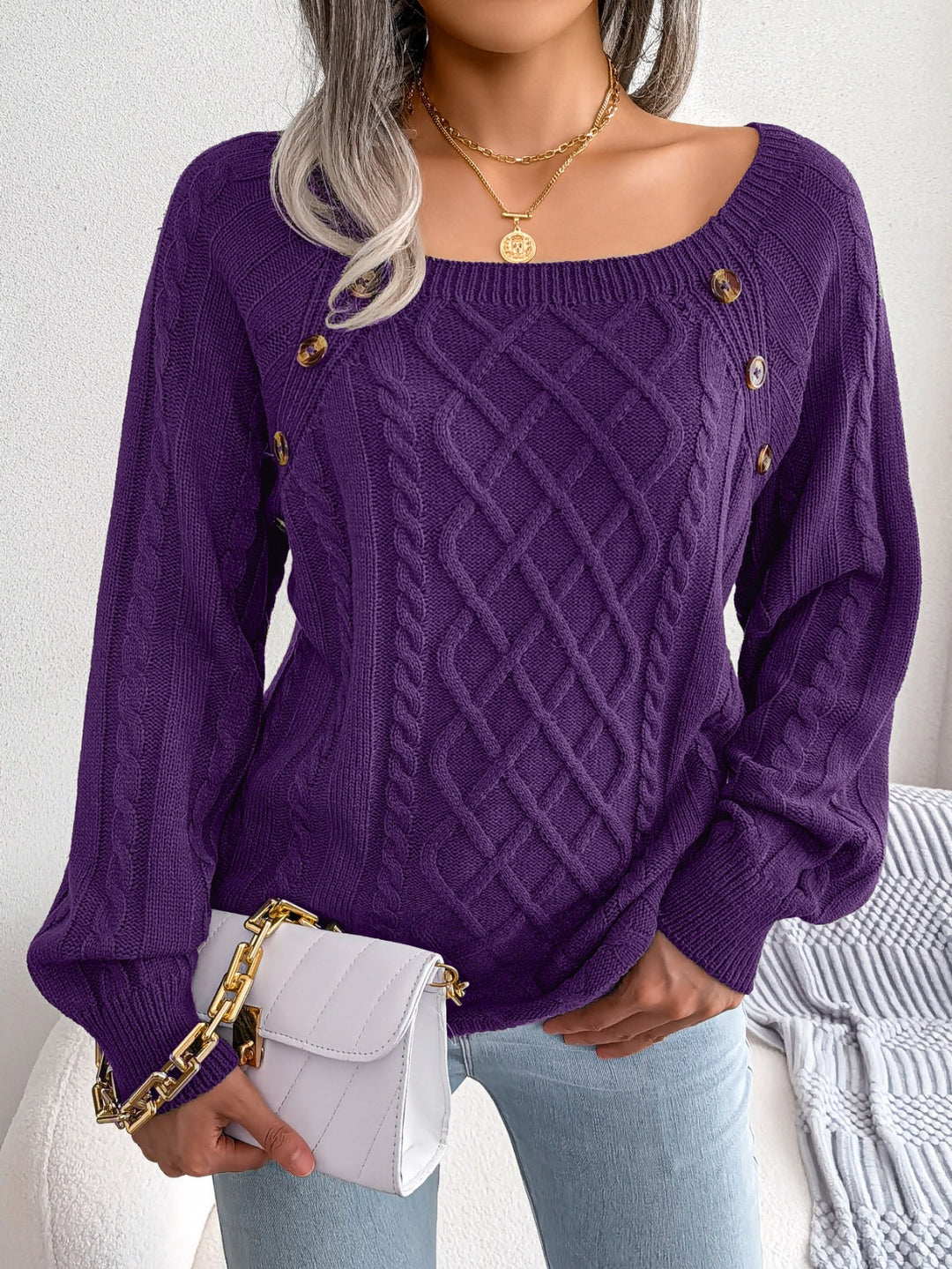 Catharina | Button-Detail Cable Knit Sweater